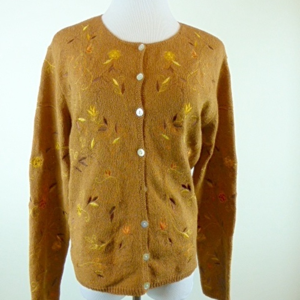 KNITTING NEEDLES ORANGE Embroidered silk knit Cardigan sweater L